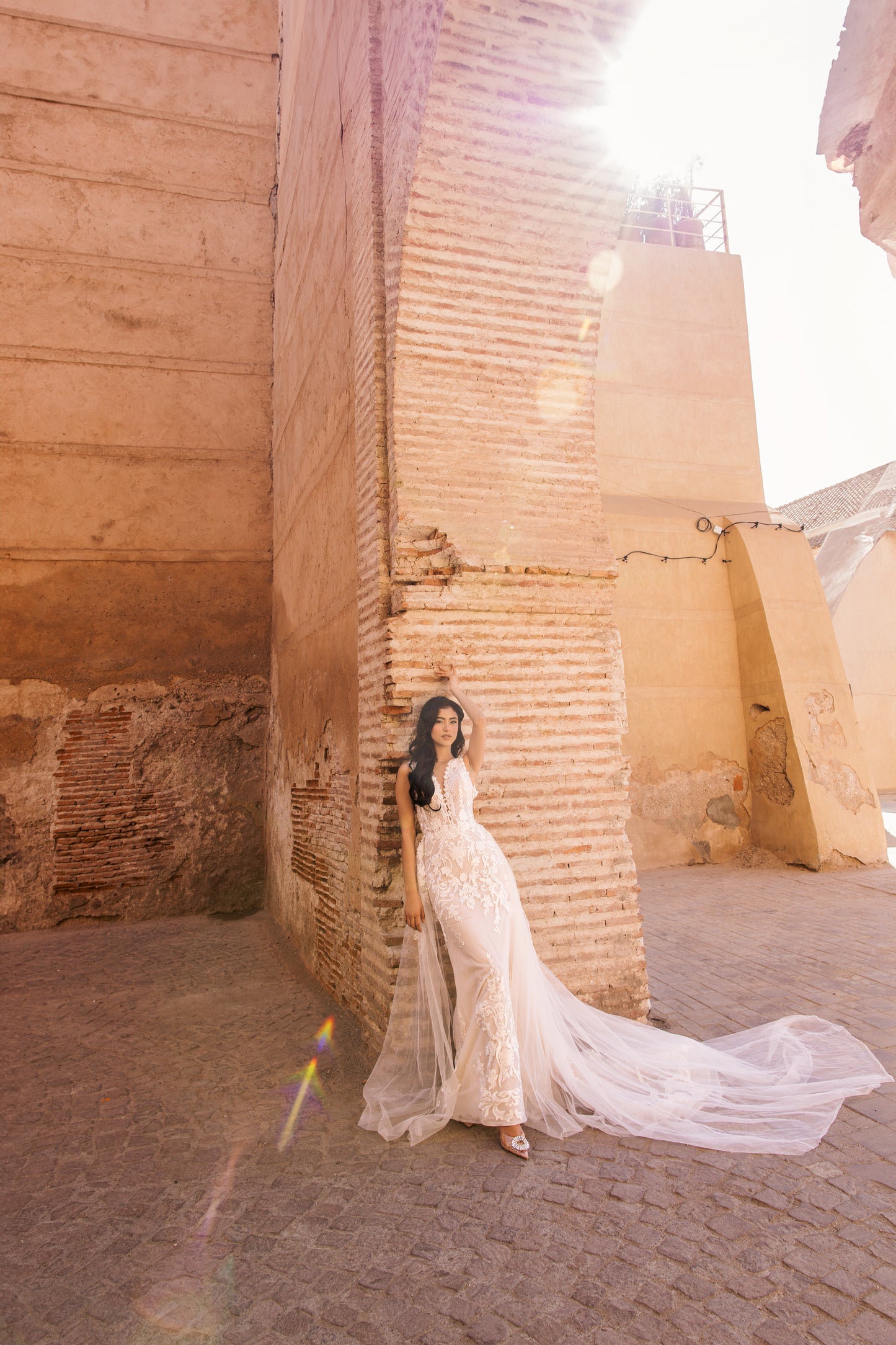 C E L E S T E - Blush Fishtail dual vail/trail Gown