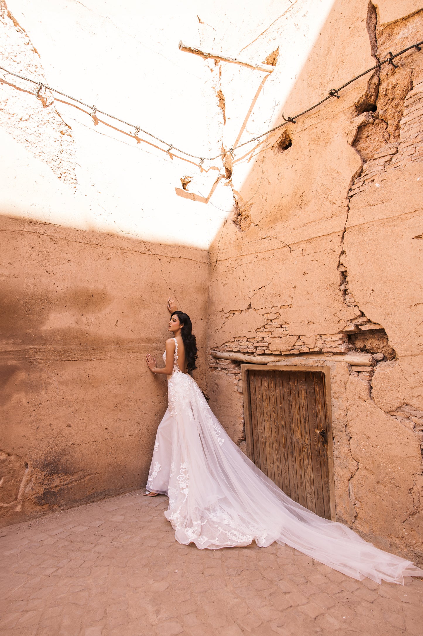 C E L E S T E - Blush Fishtail dual vail/trail Gown