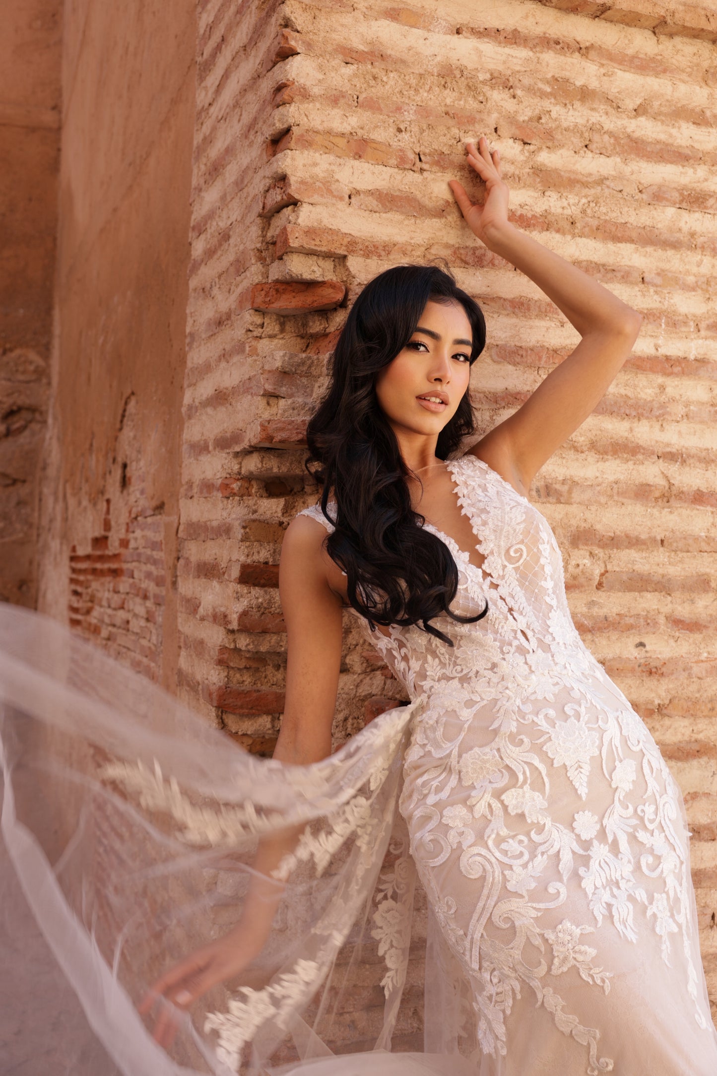 C E L E S T E - Blush Fishtail dual vail/trail Gown